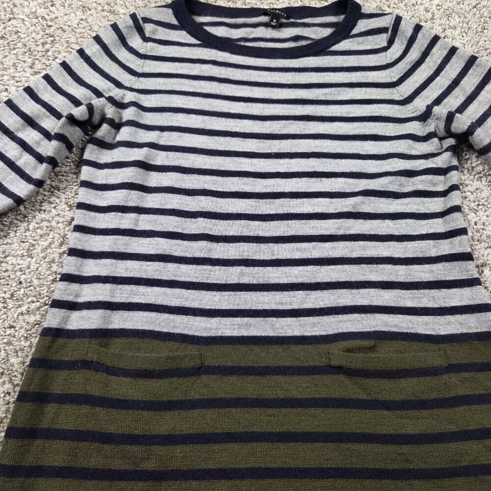 Talbots Sweater Dress Women's Medium Wool Blend Olive Gray Striped Midi 3/4 Slv - Picture 3 of 8